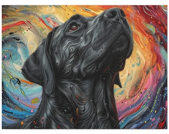 Quadro su tela con labrador nero vibrante: regalo per gli amanti dei cani modificato dall'intelligenza artificiale
