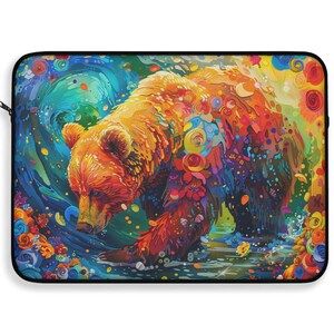 May include: A colorful abstract painting of a brown bear walking through a swirling blue and green background. The bear is covered in colorful flowers and swirls.