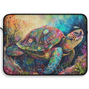 May include: A colourful, psychedelic sea turtle with intricate patterns and designs swims through a vibrant underwater scene. The turtle's shell is adorned with flowers and swirls of colour, creating a mesmerising visual.