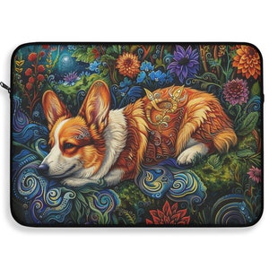 May include: A colorful illustration of a corgi dog lying down in a field of flowers. The dog is surrounded by swirling patterns and vibrant colors, creating a whimsical and dreamlike scene.