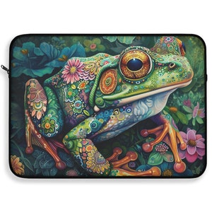 May include: A green frog with a colorful floral pattern on its skin, sitting in a lush green jungle setting with flowers.