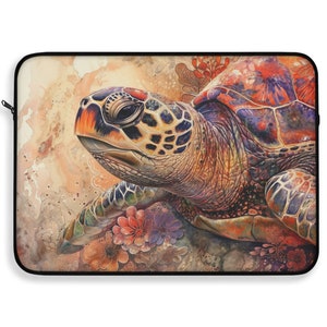 May include: A watercolour painting of a sea turtle with a colourful shell, swimming in a coral reef. The turtle's head is turned to the side, and its eyes are closed. The background is a soft, muted orange and brown.