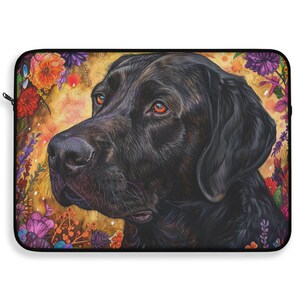 May include: A black Labrador Retriever dog with brown eyes is surrounded by colorful flowers. The dog is looking to the right of the image. The background is a golden yellow color.