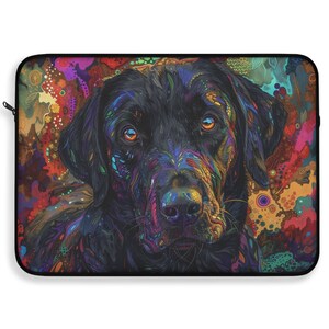 May include: A black Labrador Retriever dog with a colorful, abstract background. The dog's fur is black, but the background is a mix of bright colors, including red, orange, yellow, green, blue, and purple.