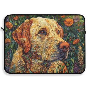 May include: A yellow Labrador Retriever dog with a detailed, colorful, stained glass-like pattern, set against a background of green and purple foliage and orange flowers.