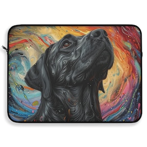 May include: A black Labrador Retriever dog with a colorful abstract background. The dog is looking up and has a serious expression. The background is a mix of blues, greens, yellows, oranges, and reds.