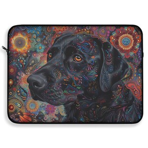 May include: A black Labrador Retriever dog with a colorful psychedelic pattern on its fur. The dog's head and neck are visible, and it is looking to the left. The background is a dark, swirling pattern with bright colors.