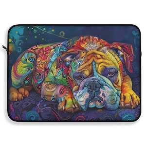 May include: A colorful, abstract illustration of a bulldog lying down. The dog's fur is covered in intricate patterns and designs in shades of blue, green, yellow, orange, red, and purple.
