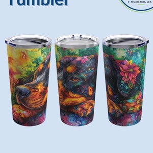 Rottweiler Floral Art 20oz Insulated Tumbler, Skinny Travel Cup, Coffee Mug, Gift for Rottie Mom, Dog Lover, Mother&#39;s Day, Birthday