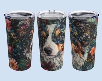 Vaso de pastor australiano floral: taza de viaje térmica de 20 oz