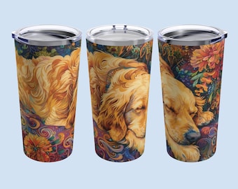 Floral Golden Retriever Tumbler: Insulated Travel Cup, Dog Lover Gift