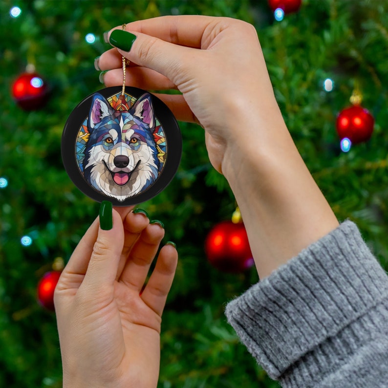 Siberian Husky Stained Glass Christmas Ceramic Ornament Gift for Husky