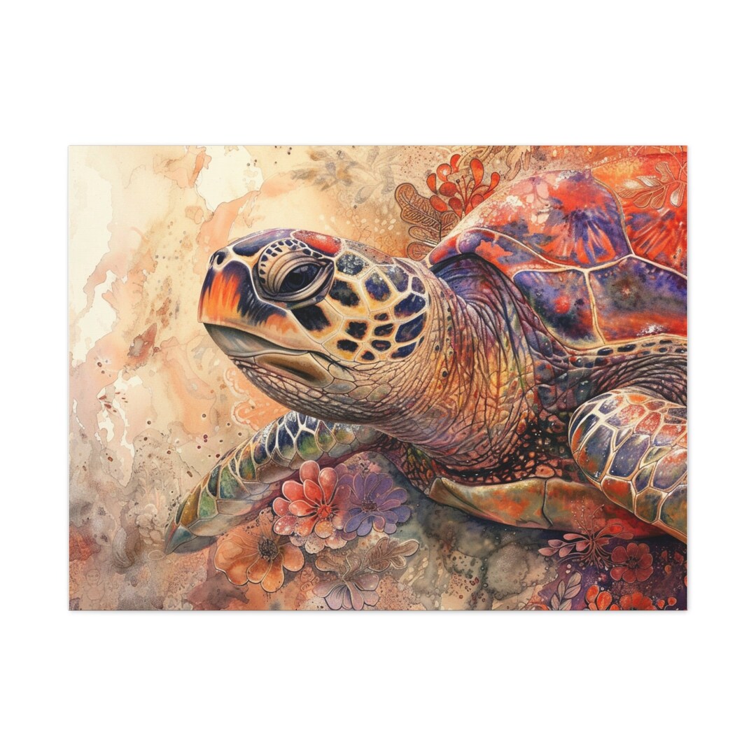 Boho Floral Pop Art Sea Turtle Gallery Wrap Canvas Wall Art, Colorful ...