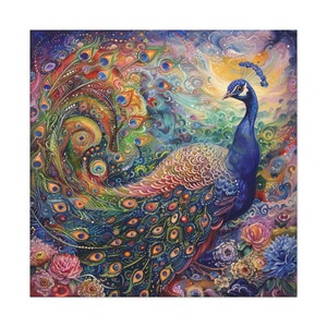 Floral Peacock Print: Rainbow Boho Canvas Wall Art