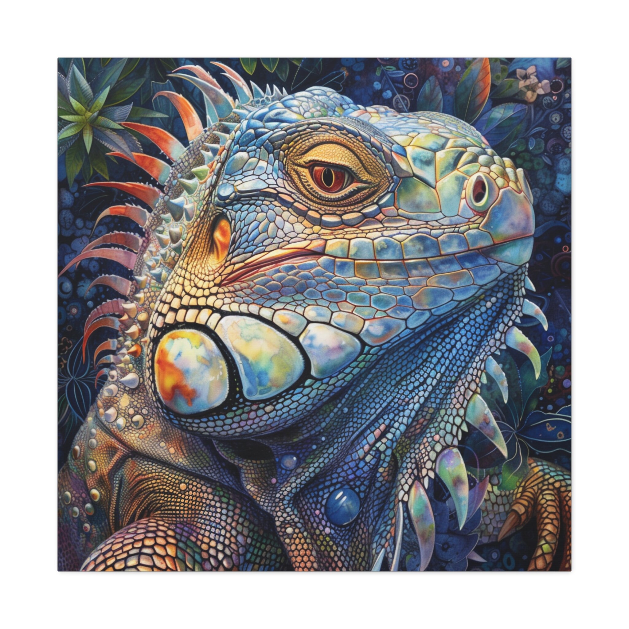 Abstract Iguana Art Print: Boho Floral Lizard Canvas Wrap
