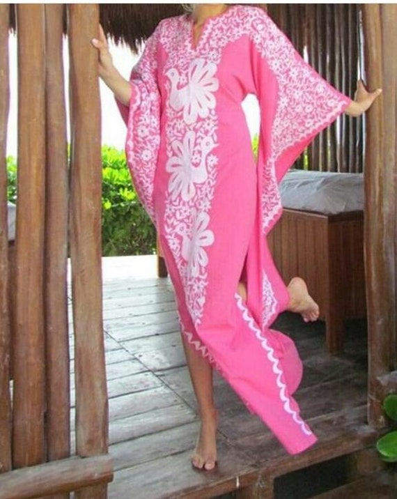 pink colour comfortable fabric cotton kaftan hand embroidered Etsy