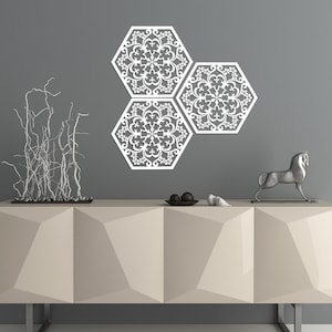 3D ornament wood wall art decor, FLOWER HEXAGON, set of 3, floral motif,ornament painting, living room, decorative wooden wall panel,