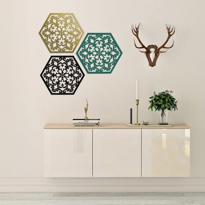 3D stilvolle Holz Wand Dekor, BLUMENHEXAGON, 3er-Set, Blumenmotiv, Ornamentmalerei, Wohnzimmer, dekorative Holzwand, Kunst,