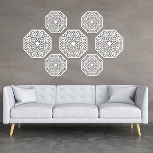 3D stilvolle Holz Wand Dekor, Blumen HEXAGON, 7er Set, Blumenmotiv, Ornament Malerei, Wohnzimmer, dekorative Holzwand,