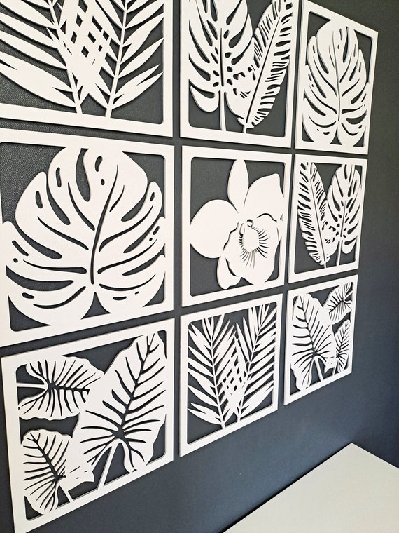Set of 9 panels, 3D Wall art for living room, bedroom, tropical jungle style, monstera, banana leaves, wall art decor, wall panelling, gift