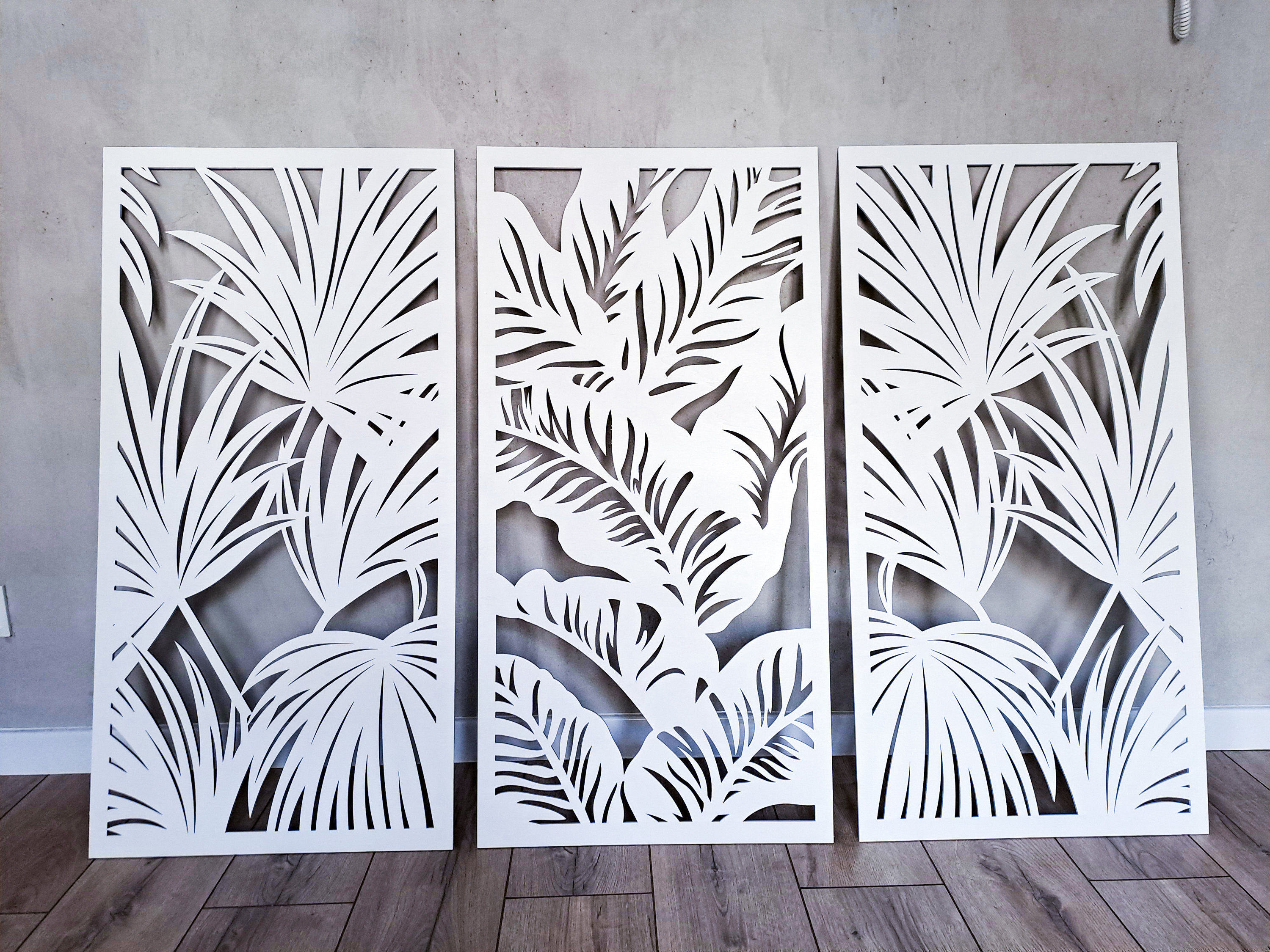 3D large TROPICAL wall decor, palm leaves, bohemian style, screen, decorative wooden panels, set of 3, triptych, wall art,living room