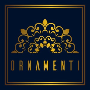 May include: A gold ornate design with a decorative floral pattern inside a gold square frame on a dark blue background. The text "ORNAMENTI" is below the design.