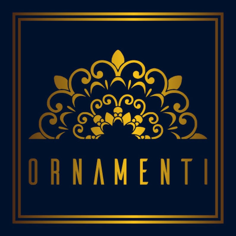 May include: A gold ornate design with a decorative floral pattern inside a gold square frame on a dark blue background. The text "ORNAMENTI" is below the design.