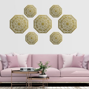3D stilvolle Holz Wand Dekor, Blumen HEXAGON, 7er Set, Blumenmotiv, Ornament Malerei, Wohnzimmer, dekorative Holzwand,