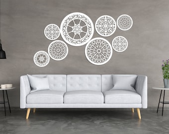ORNAMENT Wooden panels, set of 8 rosettes, decorative, wooden wall art, geometric wall decor, wood wall art, ornament, flower decor, mandala