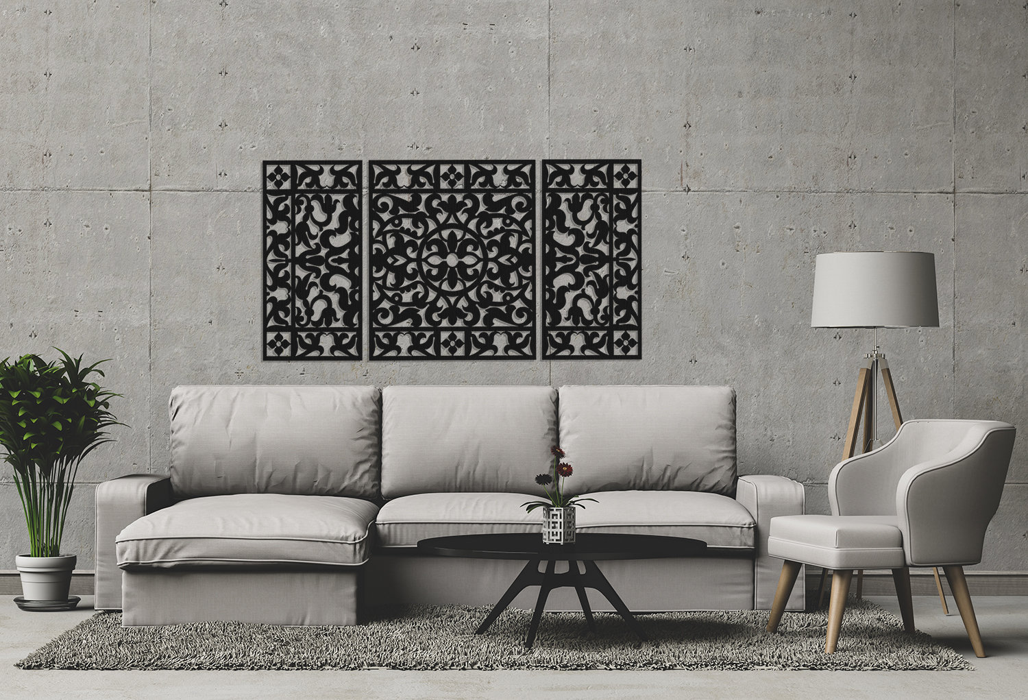 3D stylish wood wall art decor, TRIPTYCH, openwork wall decor, floral design, ornament, decorative wooden wall panel, diptych 64 x 120 cm