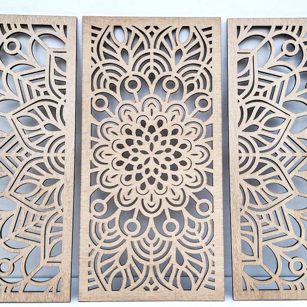 3D MANDALA boho, wall art decor, set of 3, wooden,  large modern decor, screen, decorative wooden panels,fretwork, carved, openwork