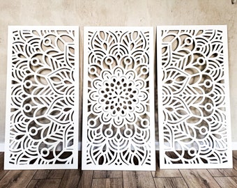 3D MANDALA boho, wall art decor, set of 3, wooden,  large modern decor, screen, decorative wooden panels,fretwork, carved, openwork