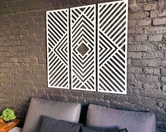 3D modern, large, geometric wall art decor, set of 3, abstract, minimalist wooden artwork, wall hanging, contemporary wall sculpture, white