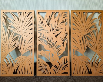 3D palm leaves, wall art decor, 3 pieces, wooden, boho, large tropical decor, decorative wooden panels,living room, bedroom, copper gold