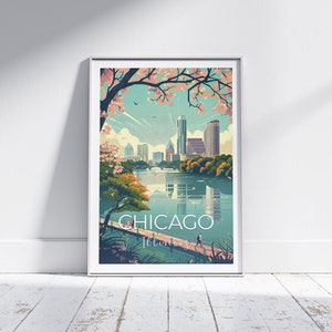 Retro Chicago Skyline Print: Illinois Travel Poster