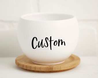 Custom Single Word Round White Luna Pot and Bamboo Saucer - with Drainage Hole 3.3" X 2.5" Matte White - CUSTOM WORD