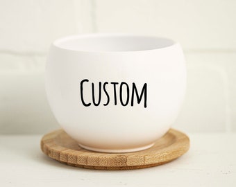 Custom Single Word Round White Luna Pot and Bamboo Saucer - with Drainage Hole 3.3" X 2.5" Matte White - CUSTOM WORD