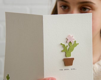 You Grow, Girl! Cactus Greeting Card For Her, For Any Occasion.  The 4" x 6" Card Made from 140 lbs Watercolor paper.