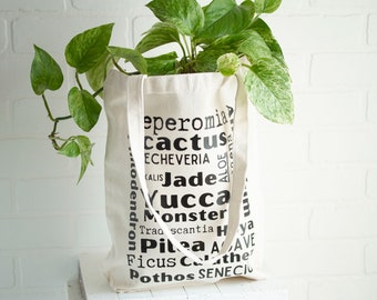 Plant Themed Tote Bag - Word Collage - Canvas Totebag for Plant Lovers