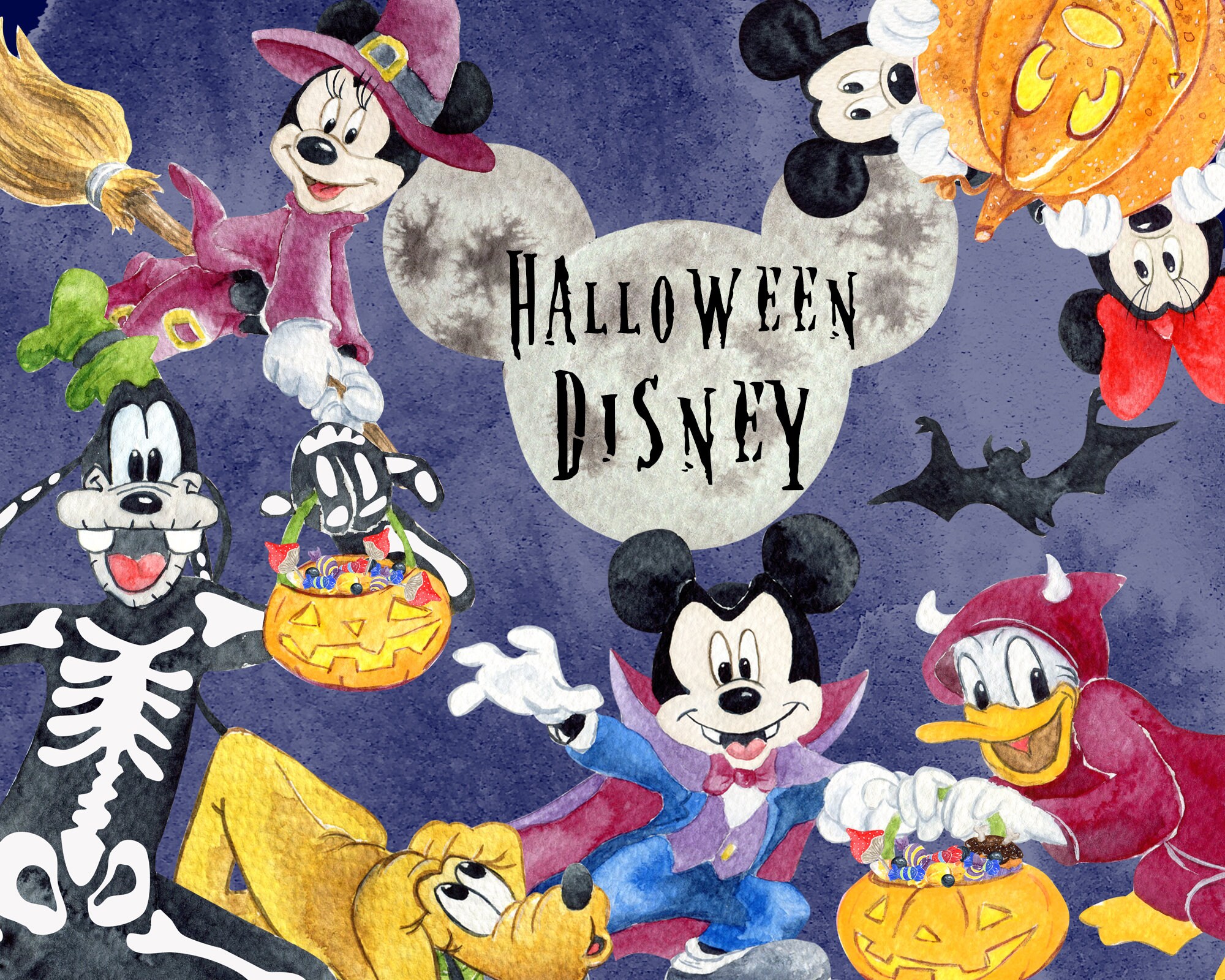 pic Mickey Mouse Halloween Clipart disney halloween clipart watercolor mickey mouse mini mouse donald duck goofy pluto hand painted disney characters disney png