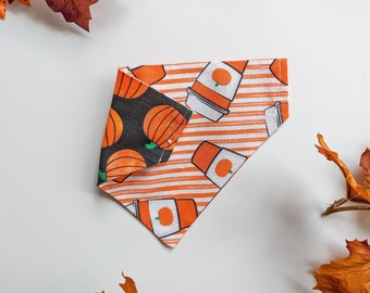 Two Sided Reversible Fall Dog Bandana Pumpkin Spice PSL Coffee, Pumpkins Themed | Over the Collar Dog Bandana