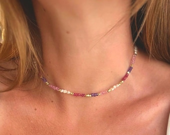Freshwater Pearl Amethyst Pink Quartz Spinel Necklace | Candy Choker | Boho Beaded Jewelry