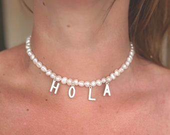 Hola Necklace | Freshwater Pearls and Sterling Silver | Boho Beaded Jewelry | Gemstone Choker