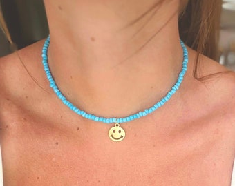 Smiley Face Choker | Baby Blue Bali Beads | Boho Beaded Jewelry | Gold Filled