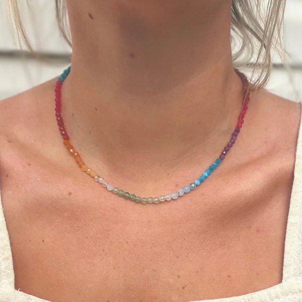 Baby Rainbow Ombre Mixed Gemstone Necklace | Candy Necklace | Boho Beaded Jewelry