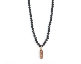 Black Garnet Beaded Necklace with Love Pendant | Boho Gemstone Jewelry | Gold Filled