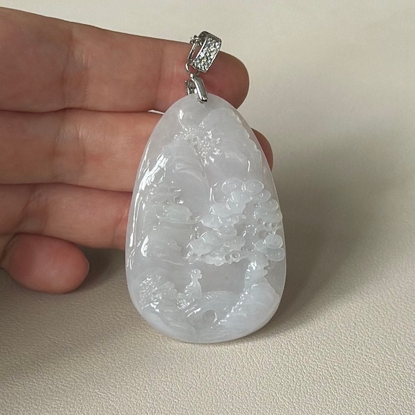 Certified Grade A Myanmar Jadeite Scenery (Shan Shui-山水) / 925 Sterling Silver Bail Pendant (Exclude Chain)