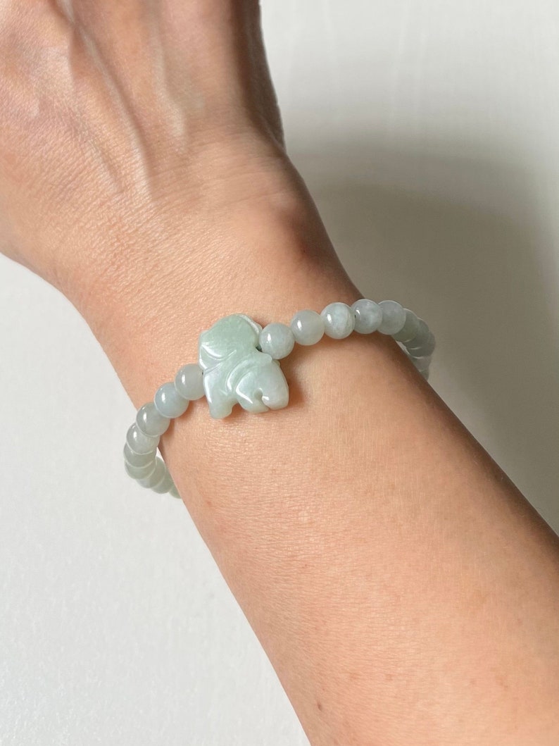 Natural Grade A Myanmar Light Green Jadeite animal charm Elastic Bracelet