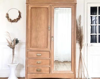Armoire ancienne restaurée bois naturel miroir en pied | French Vintage Wardrobe | Armoire miroir chambre entrée