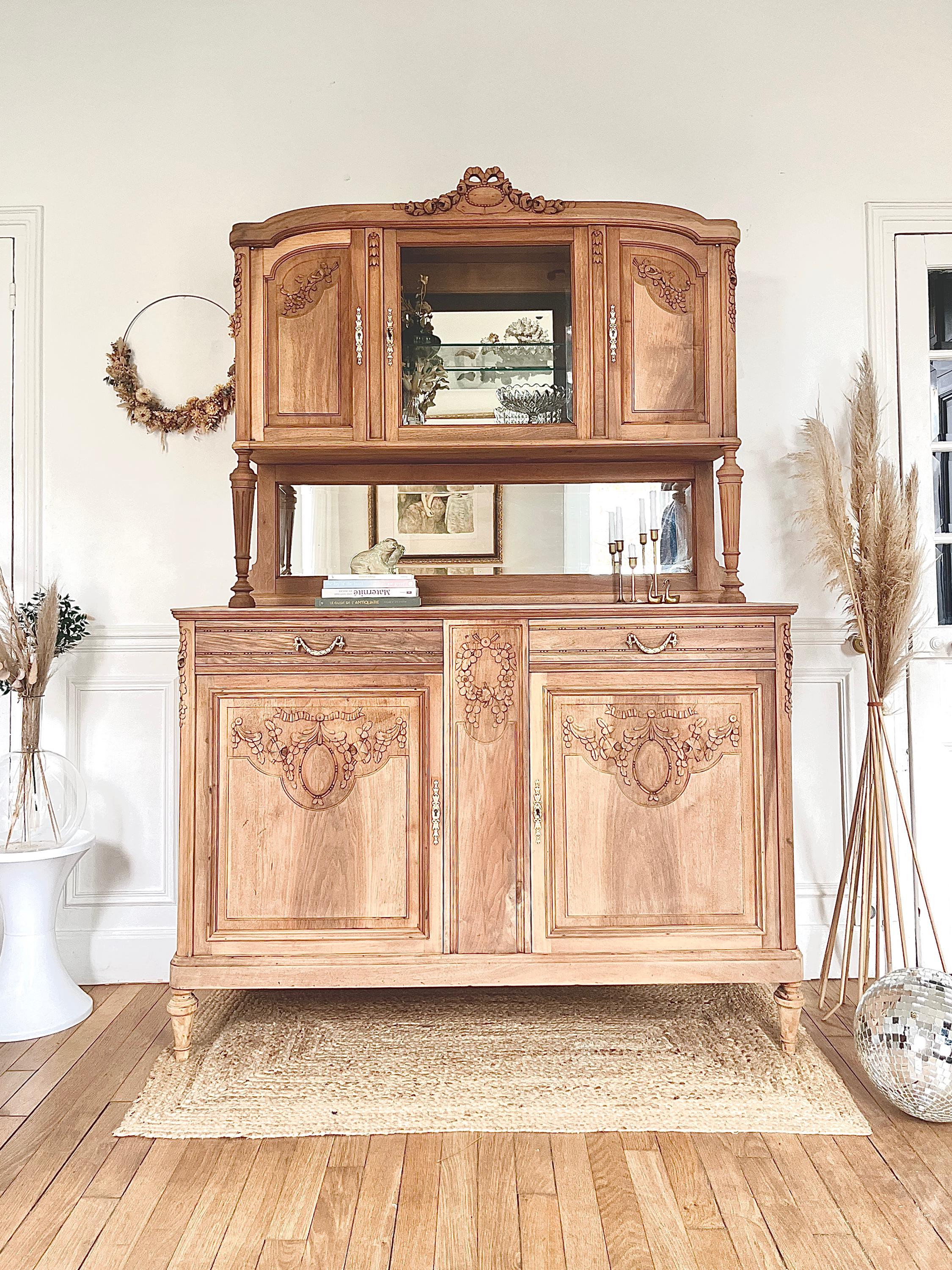 Buffet Deux Corps Ancien, Meuble Bois Blond Sculpté, Vaisselier Vintage Brocante Française